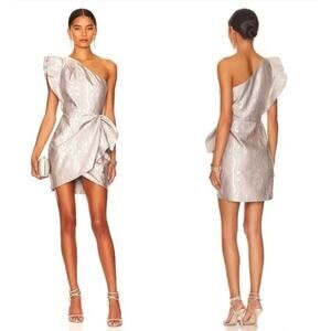 Saylor Woodgrain Jacquard One Shoulder Dress Silver Metal Womens New Small